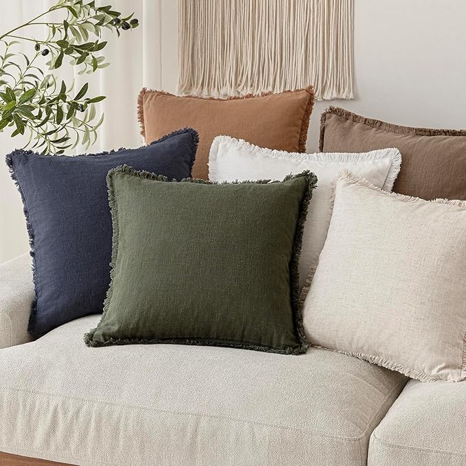 Foindtower Set of 2 Decorative Linen Fringe Lumbar Throw Pillow Covers Boho Farmhouse Cushion Cover with Tassels Accent Pillowcase for Couch Sofa Bed Living Room Home Decor,12×20 Inch,Dark Olive Green