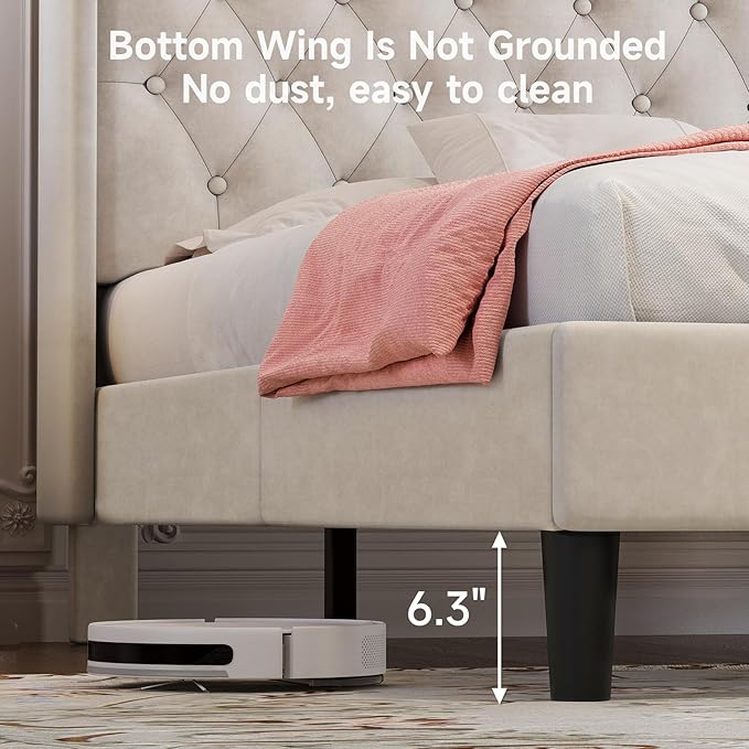 koorlian King Bed Frame, Velvet Adjustable Upholstered Platform Bed Frame with Type-C&USB Ports, Wingback Storage Headboard, Noiseless, Beige