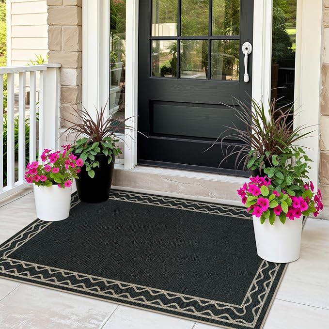 OJIA Easy Jute Front Door Mats Outdoor Rug 3x5 Washable Rugs for Entryway, Wavy Border Black Indoor Outdoor Rugs Non-Slip Doormat Entry Rugs Farmhouse Area Rug for Porch Outside Kitchen Living Room