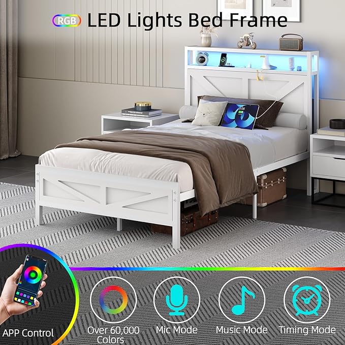 Twin Bed Frame with Charging Station and LED Lights, Twin Size Metal Platform Bed Frame with Storage and Rustic Barn Door Headboard, Heavy Duty Steel Slats Support, No Box Spring Needed, White
