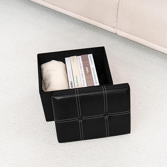 B FSOBEIIALEO Folding Storage Ottoman, Faux Leather Footrest Seat Coffee Table Toy Chest Kids, Black 16.5"x12.6"x12.6"