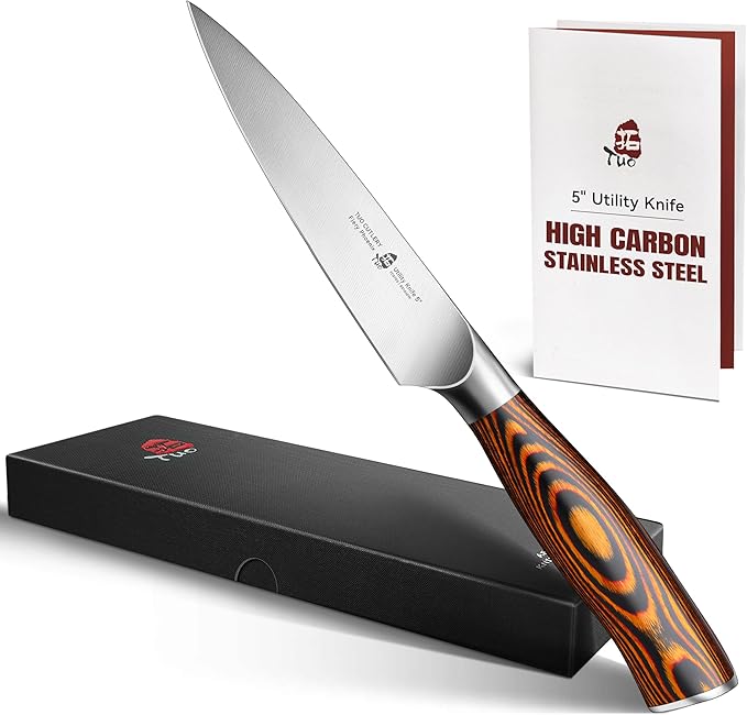 TUO Utility Knife, 5 inch Small Kitchen Knife for Paring & Slicing, with Ergonomic Pakkawood Handle, High Carbon German Stainless Steel - Fiery Phoenix Series