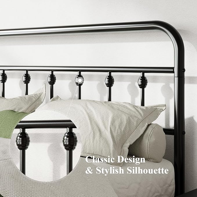 Allewie Queen Size Metal Platform Bed Frame with Victorian Style Iron-Art Headboard and Footboard, Easy Assembly, Under Bed Storage, No Box Spring Required, Black
