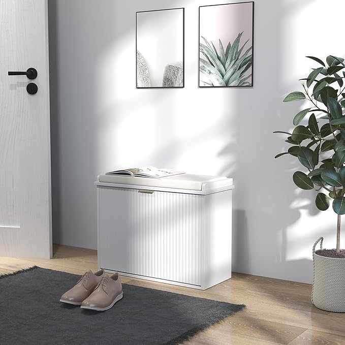 HOMCOM Narrow Shoe Bench with Padded Seat Cushion and Flip-Drawer, Small Entryway Bench Holds up to 265lb, Shoe Cabinet, 24.4x10.2x18.7 Inches, White