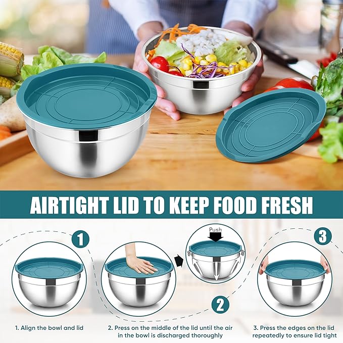 P&P CHEF Mixing Bowl with Airtight Lid Set of 5, 10-Piece Stainless Steel Nesting Salad Bowl Set for Prepping, Mixing and Serving, Size 4.6, 3, 1.5, 1, 0.7 QT, Rimmed Edges & Flat Base, Blue