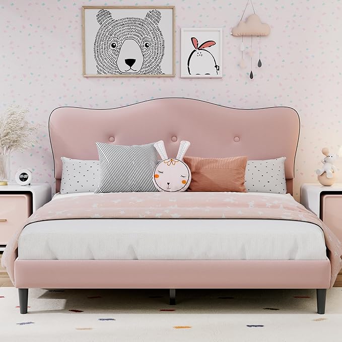 Queen Size Bed Frame, Upholstered Bed Frame with Headboard, Platform Bed Frame with Wood Slats Support, No Box Spring Needed, Adjustable Height Headboard, Pink