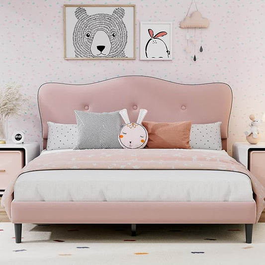 Queen Size Bed Frame, Upholstered Bed Frame with Headboard, Platform Bed Frame with Wood Slats Support, No Box Spring Needed, Adjustable Height Headboard, Pink