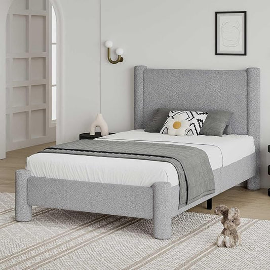 Twin Size Bed Frame, Boucle Upholstered Platform Bed with Headboard and Footboard, Soft Rounded Corners, No Box Spring Required, Easy Assembly, Light Grey