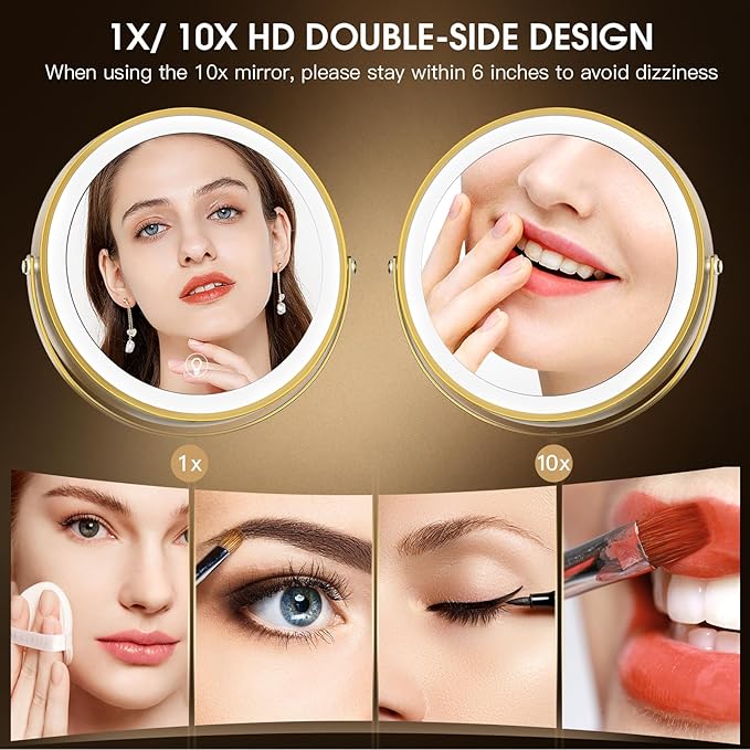 Wall Mounted Lighted Makeup Mirror,8" Rechargeable Double-Sided Light up Magnifying Mirror 1x/10x,3 Color Led Vanity Mirror with Lights,Touch Dimmable 360° Rotation-Antique Bronze