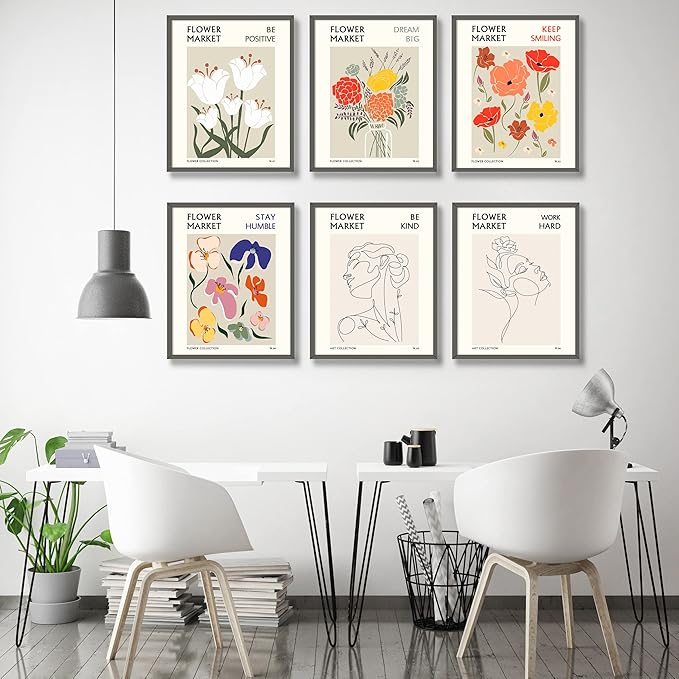 Flower Market Wall Art Prints Botanical Aesthetic Decor Minimalist Poster Inspirational Theme Flower Line Photo Vintage Abstract Pictures Canvas Wall Art Colorful Floral Wall Decor for room (8x10