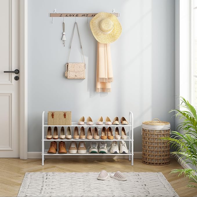 Hoctieon 3 Tier Mesh Style Shoe Rack, Entryway Shoe Shelf, Shoe Storage Organizer, Shoe Rack for Closet, Space Save for Bathroom, Garage, Hallway, Bedroom, Living Room, White