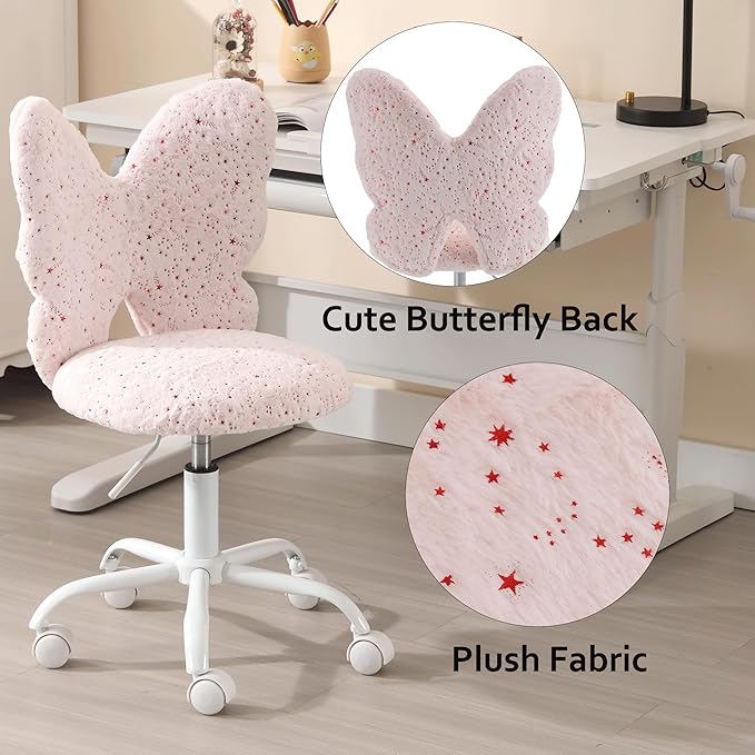 Butterfly Kids Desk Chair Girls Students Study Chair Adjustable Computer Chairs Furry Swivel Office Child Reading Chairs for Home/Bedroom/School/Dorm, Pink