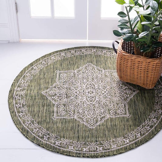 Unique Loom Outdoor Traditional Collection Area Rug - Antique (4' 1" Round, Green/ Gray)