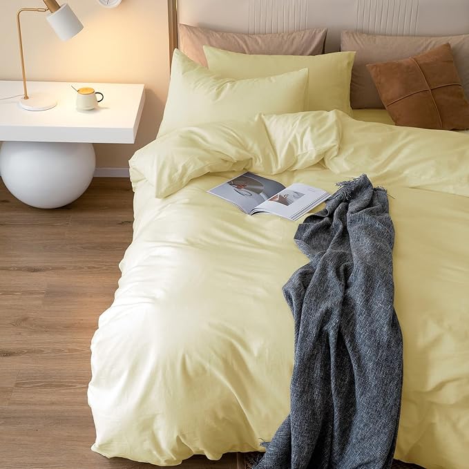 JIYUAN 100% Washed Cotton Duvet Cover Set 3 Pieces Cal King, 1 Duvet Cover 104x98 Inches(Comforter Not Included) and 2 Pillowcases,Linen Feel Bedding Set Comfy and Breathable,Light Yellow