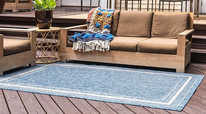 Unique Loom Outdoor Border Collection Area Rug - Soft Border (5' 3" x 8' Rectangle Blue/Ivory)