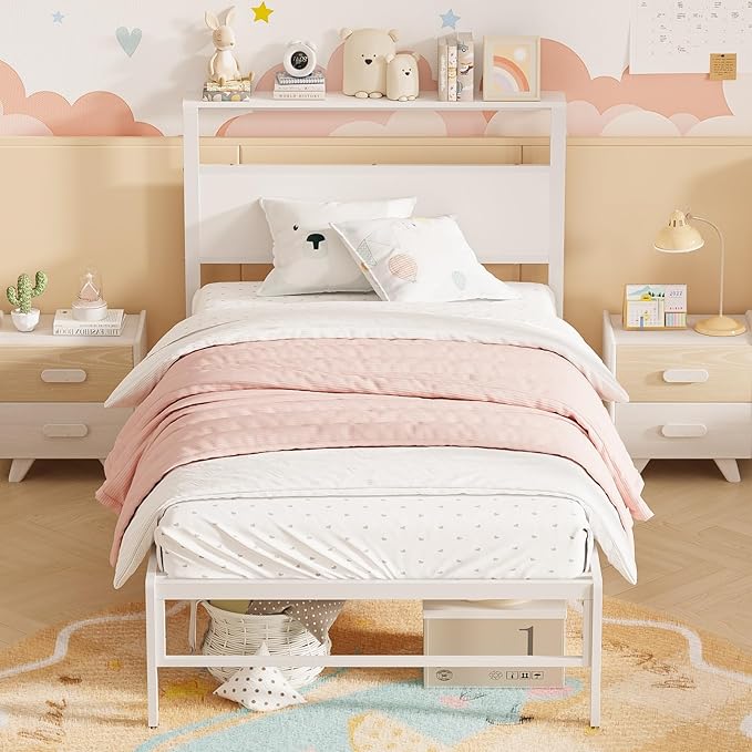 Weehom Twin Bed Frames for Kids, Twin Size Bed Frames with Wood Headboard Shelf - No Box Spring Needed White Metal Platform Bed for Girls, Boys and Students