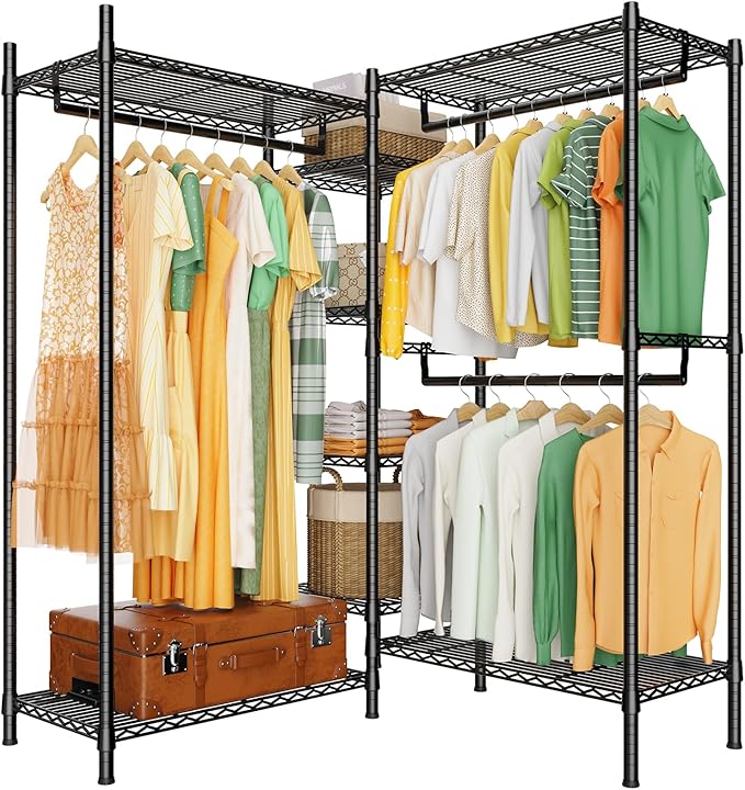 LEHOM G6M Heavy Duty Clothes Rack for Hanging Clothes, Portable Garment Rack Compact Size Closet Organizer, Freestanding Metal Clothing Rack Wardrobe Closet with Storage Shelves for Bedroom(Medium)
