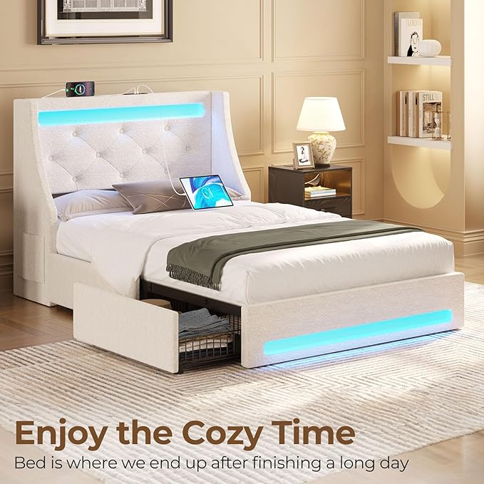 Rolanstar Twin Bed Frame with LED Lights and Charging Station, Upholstered Bed with Drawers, Wooden Slats, Noise Free, Easy Assembly, Beige