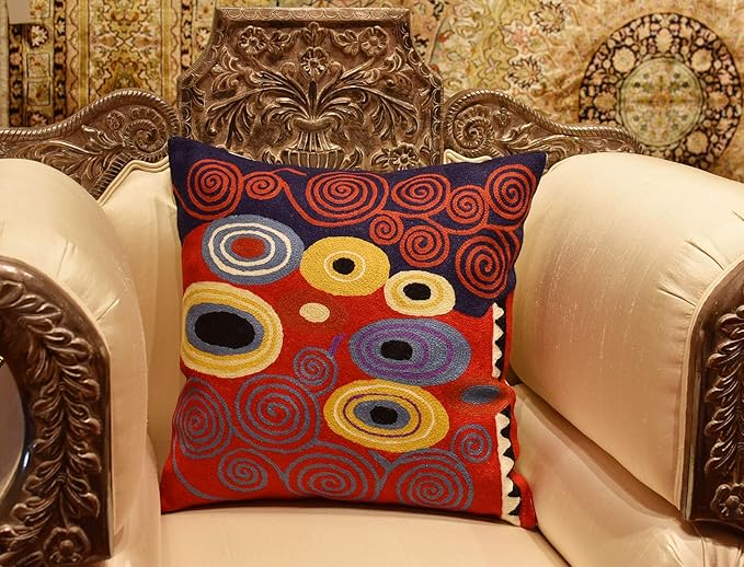 Klimt Red Throw Pillow Cover Reds Navy Modern Accent Pillowcase Decorative Abstract Throw Pillows Modern Boho Pillow Farmhouse Chair Cushions Hand Embroidered Sofa Cushion Wool Size 18x18