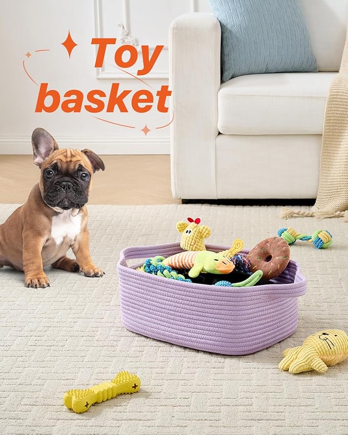 KALLAX Small Woven Basket, 14 x 10 x 5.6 Inches, Small Storage Baskets for Organizing, Gift Baskets Empty, Cute Rope Shelf Closet Storage Bins for Shelves, Dog Toy Basket, Purple