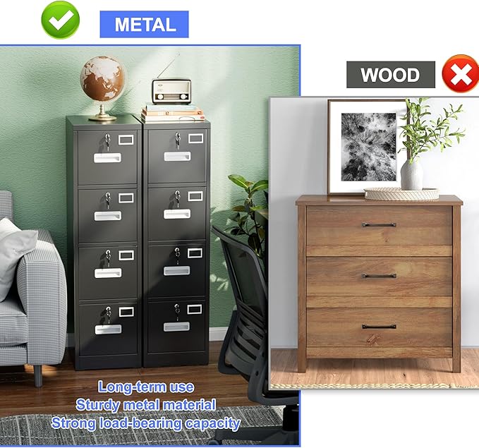 4 Drawer File Cabinet, Metal Vertical Black Filing Cabinets with Locks for Home Office with Name Card Holder for A4 /F4 Size/Letter/Legal Size, Assembly Required(Black)