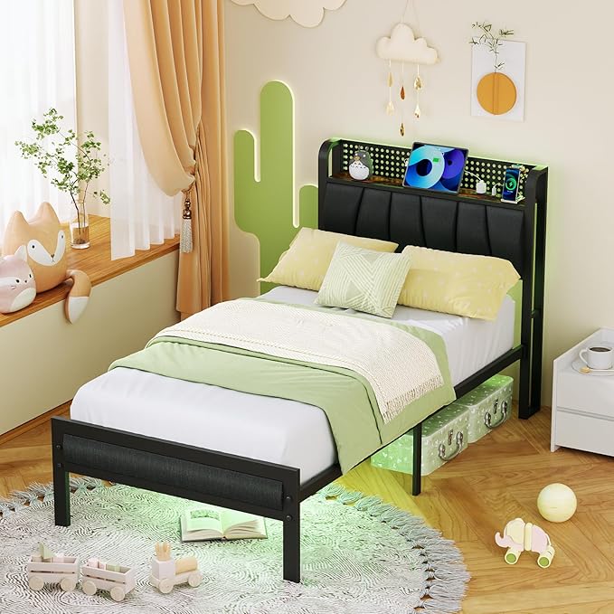 Furnulem Twin Size Bed Frame with LED Light and Charging Station, Grey Upholstered Storage Headboard with Shelf, Metal Platform Bed with Heavy Duty Slats, No Box Spring Needed, Noise Free