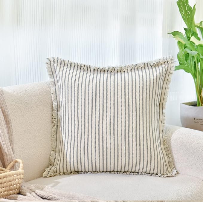 ZWJD Throw Pillow Covers 24x24 Set of 2 Striped Pillow Covers with Fringe Chic Cotton Decorative Pillows Square Cushion Covers for Sofa Couch Bed Living Room Farmhouse Decor