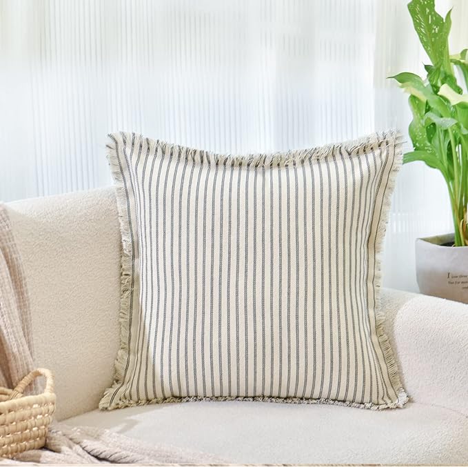 ZWJD Throw Pillow Covers 26x26 Set of 2 Striped Pillow Covers with Fringe Chic Cotton Decorative Pillows Square Cushion Covers for Sofa Couch Bed Living Room Farmhouse Decor