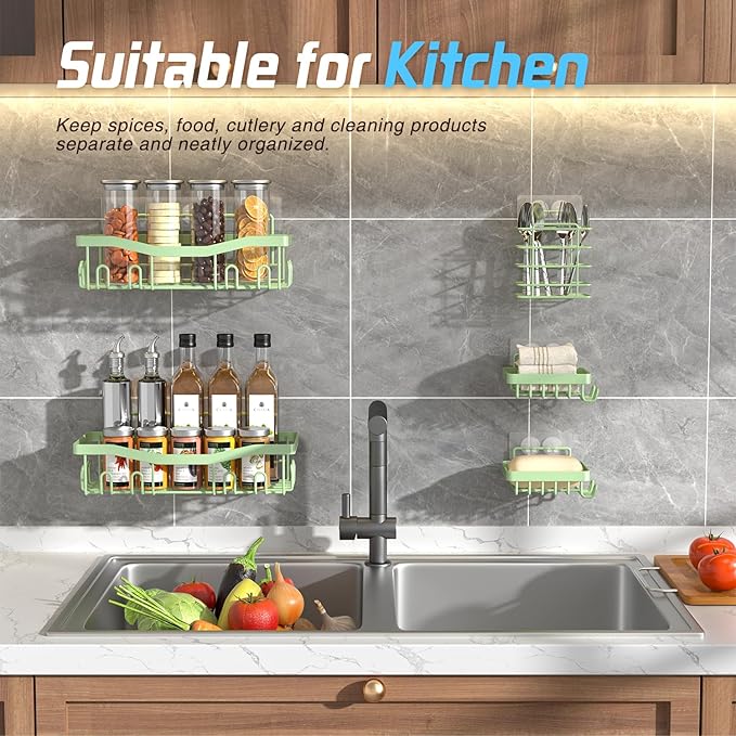 Adhesive Shower Caddy, No Drilling Bath Organizers 5 Pack, Rustproof Shelves with Soap Holder & Toothbrush Holder, Bathroom Organizers and Storage, Green