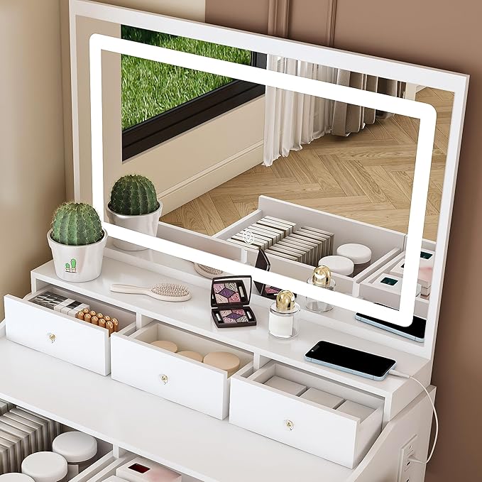 Ball & Cast Vanity Desk with Large Mirror & Power Outlet,3 Dimmable Colors Light Makeup Vanity Table Set with 5 Drawers & Chair,Adjustable Brightness Dressing Table for Women Girls Bedroom,White