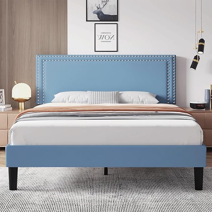 VECELO Full Size Bed Frame with Adjustable Upholstered Headboard, Wooden Slats Platform, Noise-Free Design, No Box Spring Needed, Easy Assembly