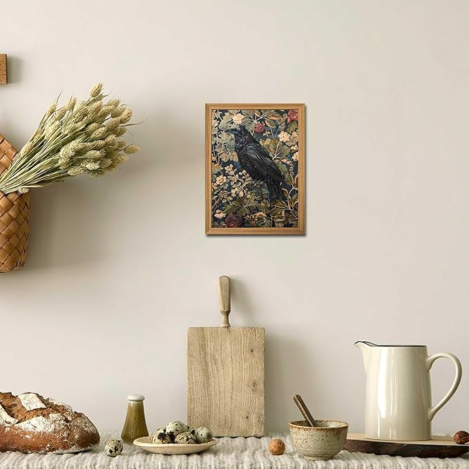 Framed 3D Textured Vintage Wall Art - Dark Academia Decor Hand Drawn Sandstone Black Crow Paintings with Botanical Florals, Aesthetic Wall Decor for Living Room Bedroom Home 8x10 inch