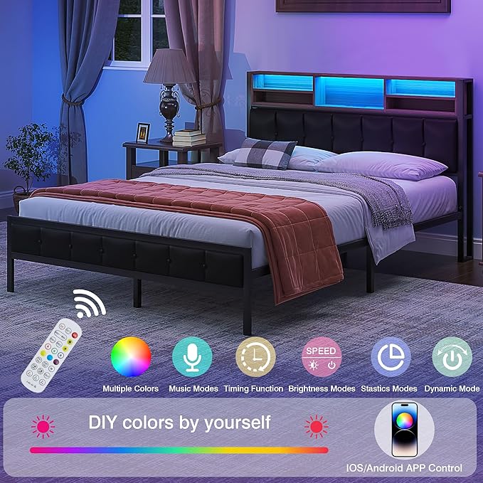 VECELO Farmhouse Metal Bed Frame Twin Size with Wooden Headboard & Footboard, Solid Platform Mattress Foundation with Storage, LED Light, Charging Station, USB Ports, Noise-Free, Easy Assembly, Black