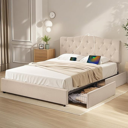 VECELO Full Size Platform Bed Frame with 4 Storage Drawers,Fabric Upholstered Headboard and Wooden Slats Support,Built-in USB and Type C Ports, No Box Spring Needed,Easy Assembly