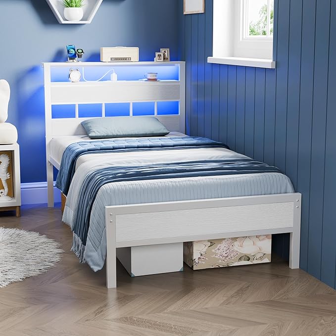 Furnulem Twin Bed Frames with Charging Station and LED Lights, Twin Size Platform Bed with Metal Slats, Wood Headboard with 2-Tier Storage Shelves, No Box Spring Needed, White