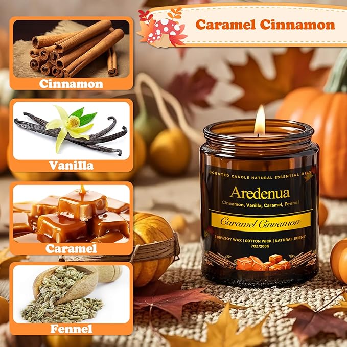 Fall Candle - Caramel Cinnamon Candle | Autumn Scented Candles for Home, 7oz Fall Soy Candles for Home Scented, 50 Hours Burn Time, Harvest Holiday/Halloween/Thanksgiving Autumn Gifts for Women Men