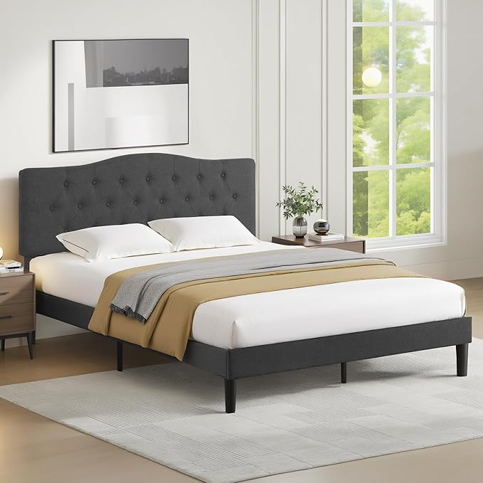 VECELO Queen Size Bed Frame Upholstered Platform with Tufted Adjustable Headboard/Mattress Foundation Wood Slat Support/Easy Assembly,Grey