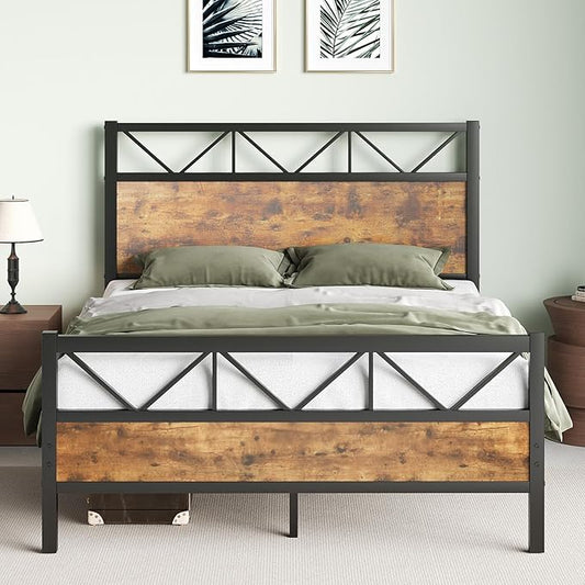 Full Size Bed Frame, Full Bed Frame with 51.2" Tall Industrial Headboard, Full Platform Bed Frame with Strong Steel Slats Support, Noise Free, No Box Spring Needed, Easy Assembly, Rustic Brown
