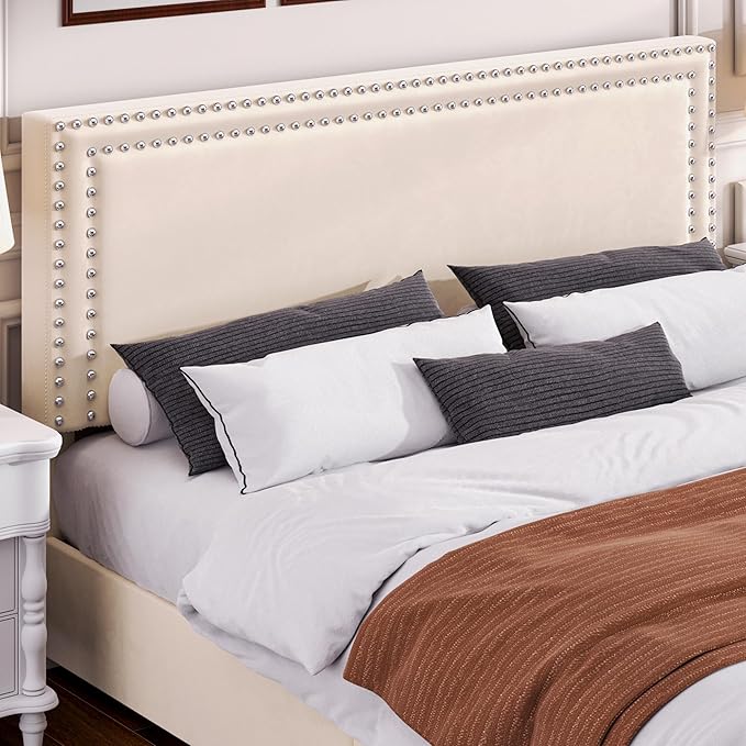 VECELO King Size Upholstered Platform Bed Frame with 4 Storage Drawers, Adjustable Velvet Rivet Decor Headboard, Wooden Slats Support, No Box Spring Needed, Easy Assembly