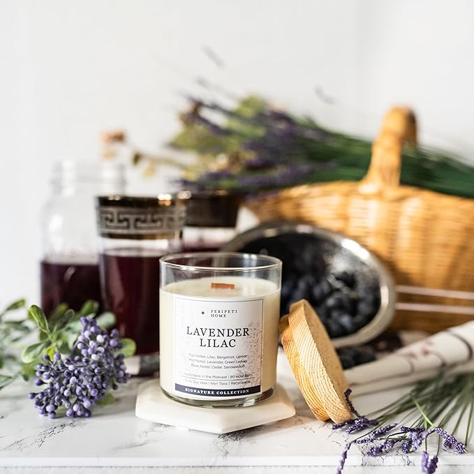 PERIPETI Home Lavender + Lilac Scented Candle - Wooden Wick, 8.5oz Natural Soy Wax for Soothing Aromatherapy - Long-Lasting Relaxing Fragrance for Home or Spa
