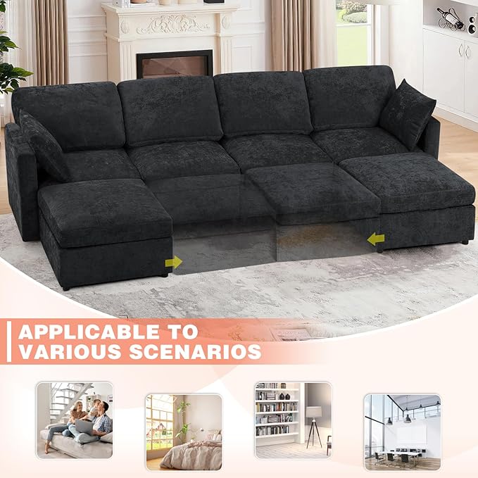 110” Chenille 4 Seats Sofa W/2 Movable Ottoman, Modern Fabric U Shaped Couch w/Soft Backrest, Upholstered Sectional Sofa w/Armrest Pillows for Living Room, Office, Black