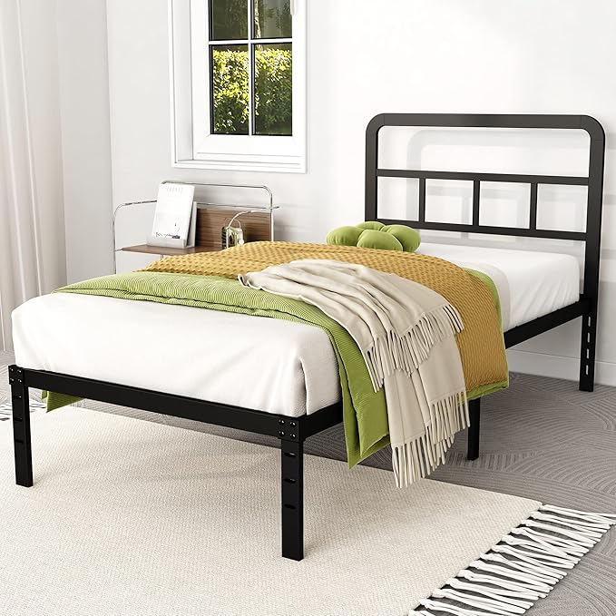 Metal Platform Twin Bed Frames with Headboard, 14 Inch No Box Spring Needed Heavy Duty Steel Slat Mattress Foundation/Easy Assembly/Noise Free/Black