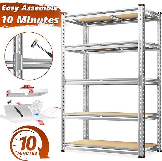 REIBII Garage Shelving, 5 Tier Storage Shelves Load 2020LBS, Adjustable Garage Shelving Heavy Duty, Metal Shelves Unit with Waterproof Columns, 35.5" W x 11.9" D x 72" H, Galvanized, 2 Pack