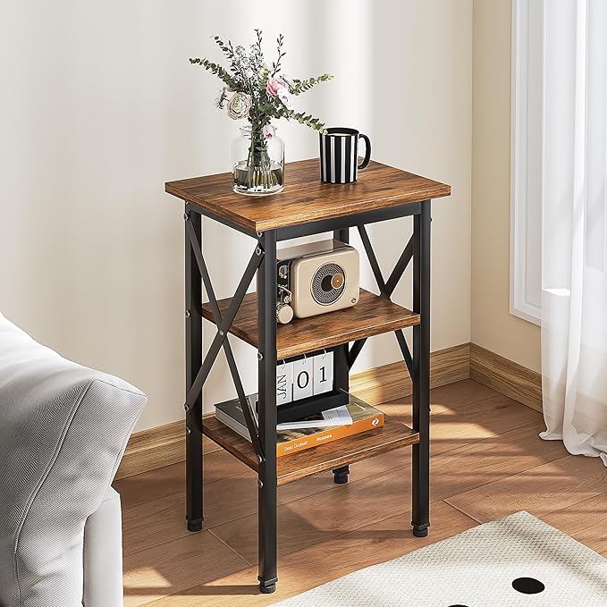 VECELO End Table, Bedside Table, 24" Tall Living Room End Tables, X-Design Reinforced Nightstands, Side Table with 3-Tier Storage Shelves for Small Spaces, Office, Bathroom, Bedroom, Rustic Brown