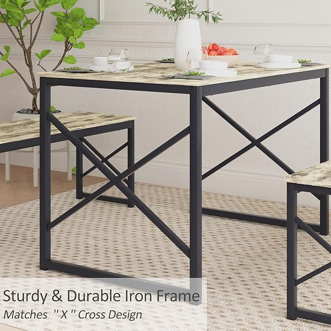 VECELO Kitchen Table with 2 Benches for 4, 43.3'' Wood Dining Room Dinette Sets with Metal Frame for Breakfast Nook and Small Space, Grey