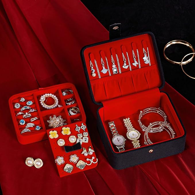 Homde Jewelry Box Small for Women: Ring Earring Organizer Storage for Dresser - Necklace Bracelets Holder with Multi Compartments(Black + Red)