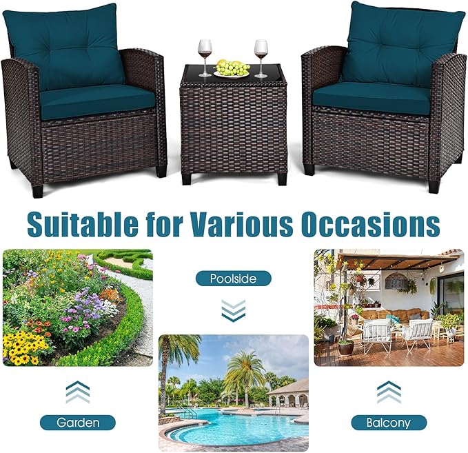 Tangkula 3 Pieces Patio Furniture Set, PE Rattan Wicker 3 Pcs Outdoor Sofa Set w/Washable Cushion and Tempered Glass Tabletop, Conversation Furniture for Garden Poolside Balcony (Prussian Blue)