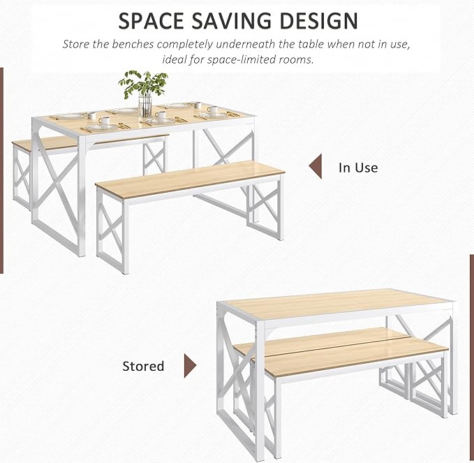 VECELO Kitchen Dining Table Set for 4 to 6, 55" Wood Dinette 2 Benches with Metal Frame for Dinner Breakfast Nook and Small Space, Oak