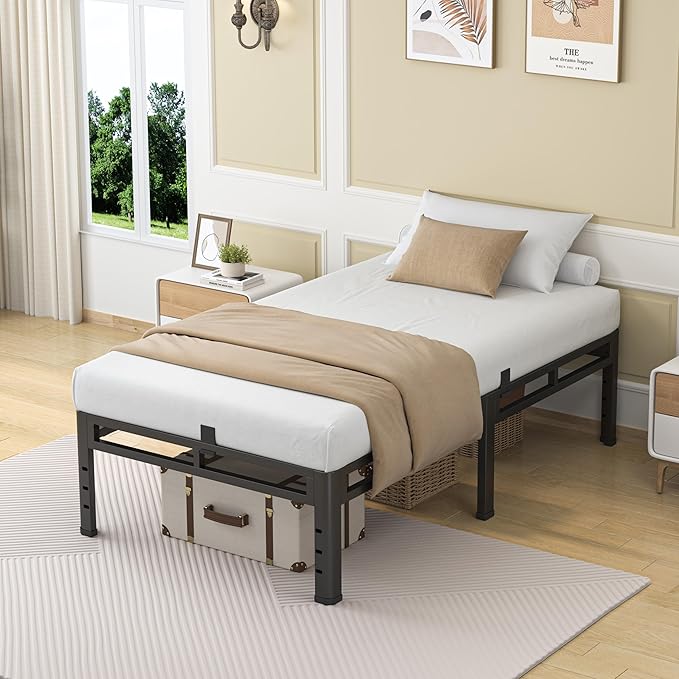 NKZ Twin XL Size Bed Frame 18 Inch, Metal Bed Frame & Box Spring 2 in 1 Platform with Round Corner Legs, 4000Lbs Heavy Duty Tall Metal Frame, Headboard Hole, Noise-Free, Easy Assembly
