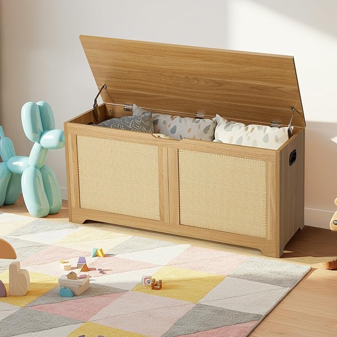 EROMMY Storage Chest, 39.4" Rattan Storage Bench with 2 Safety Hinges, Shoe Bench for Entryway, Bedroom, Living Room, Supports 300 lb